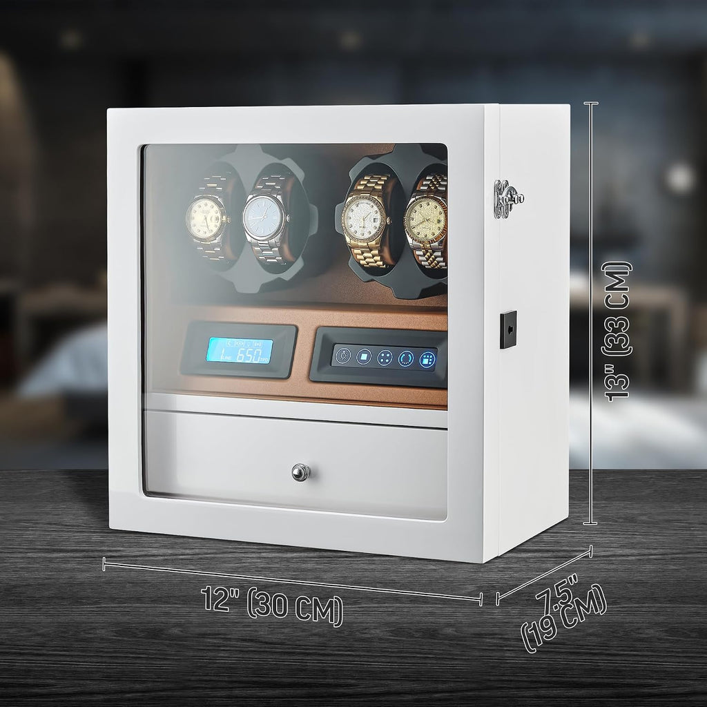 4 Watch Winder with 5 Watch Storage Space, LCD Display, Touch Control and Interior Light