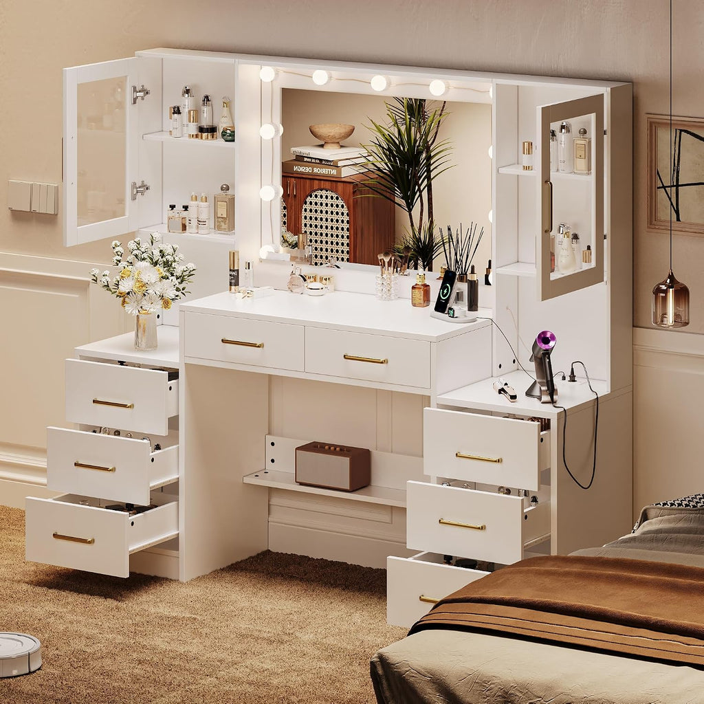 TOKSOM White Vanity Desk with Mirror, Lights & Charging Station, 58' 3 Lighting Modes Makeup Desk with 8 Drawers, 2 Cabinets and Lots Storage, Dressing Table Vanity Set with Lighted Mirror