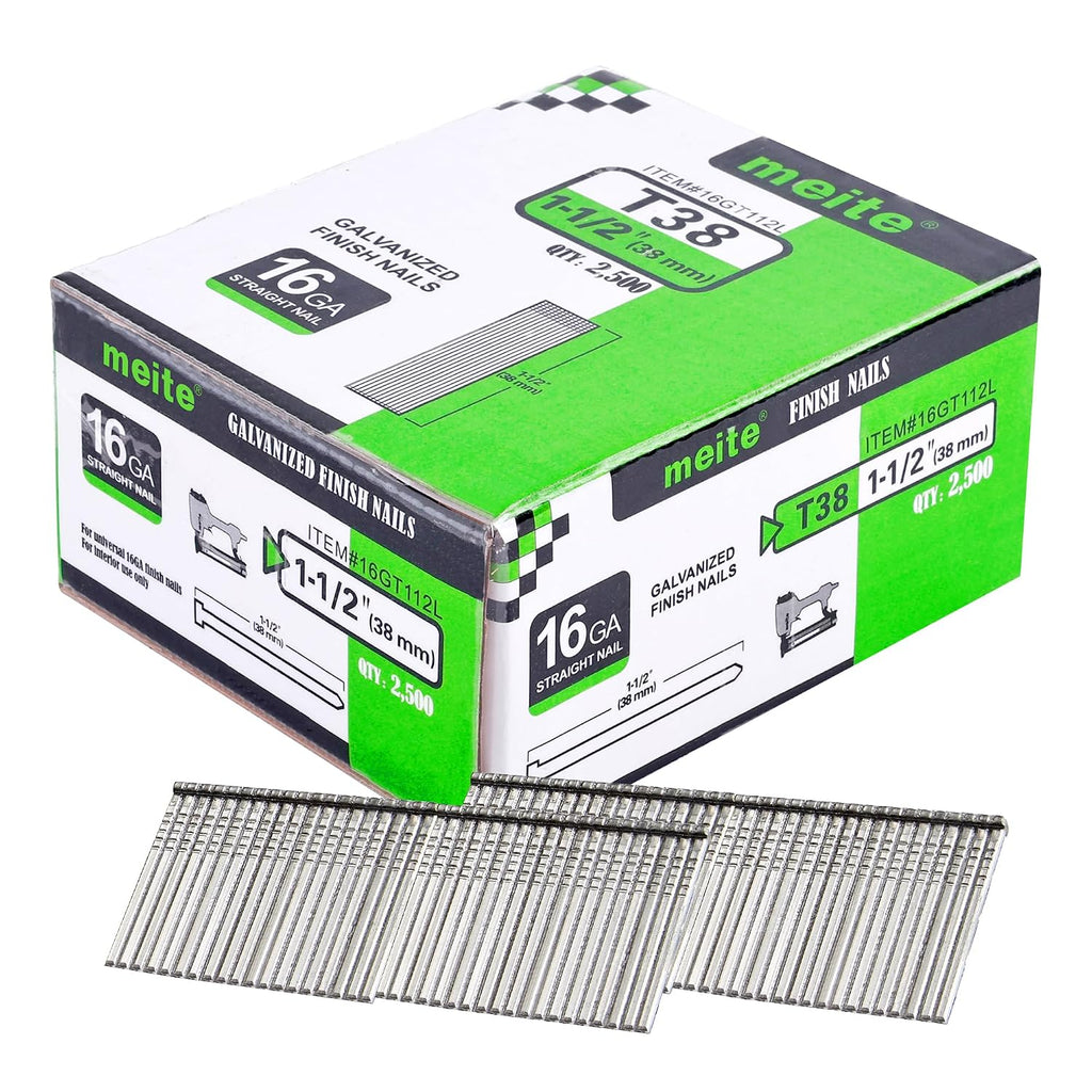 meite 16 Gauge Finish Nails, 1-1/2-Inch Galvanized 16GA Finish Nails, Small Straight Finishing Nail for 16 Gauge Finish Nailer Guns (1 Case)