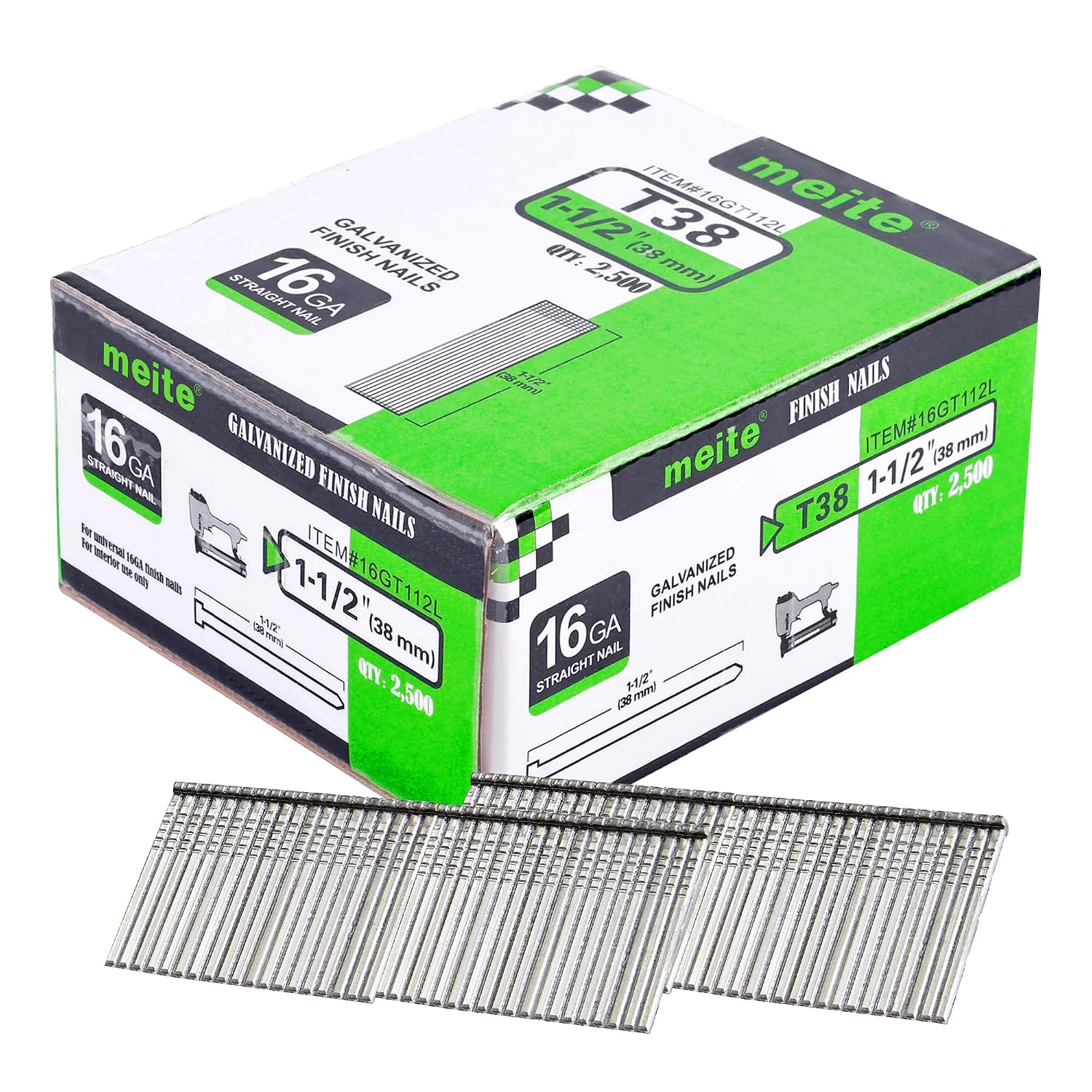 meite 16 Gauge Finish Nails, 1-1/2-Inch Galvanized 16GA Finish Nails, Small Straight Finishing Nail for 16 Gauge Finish Nailer Guns (1 Case)