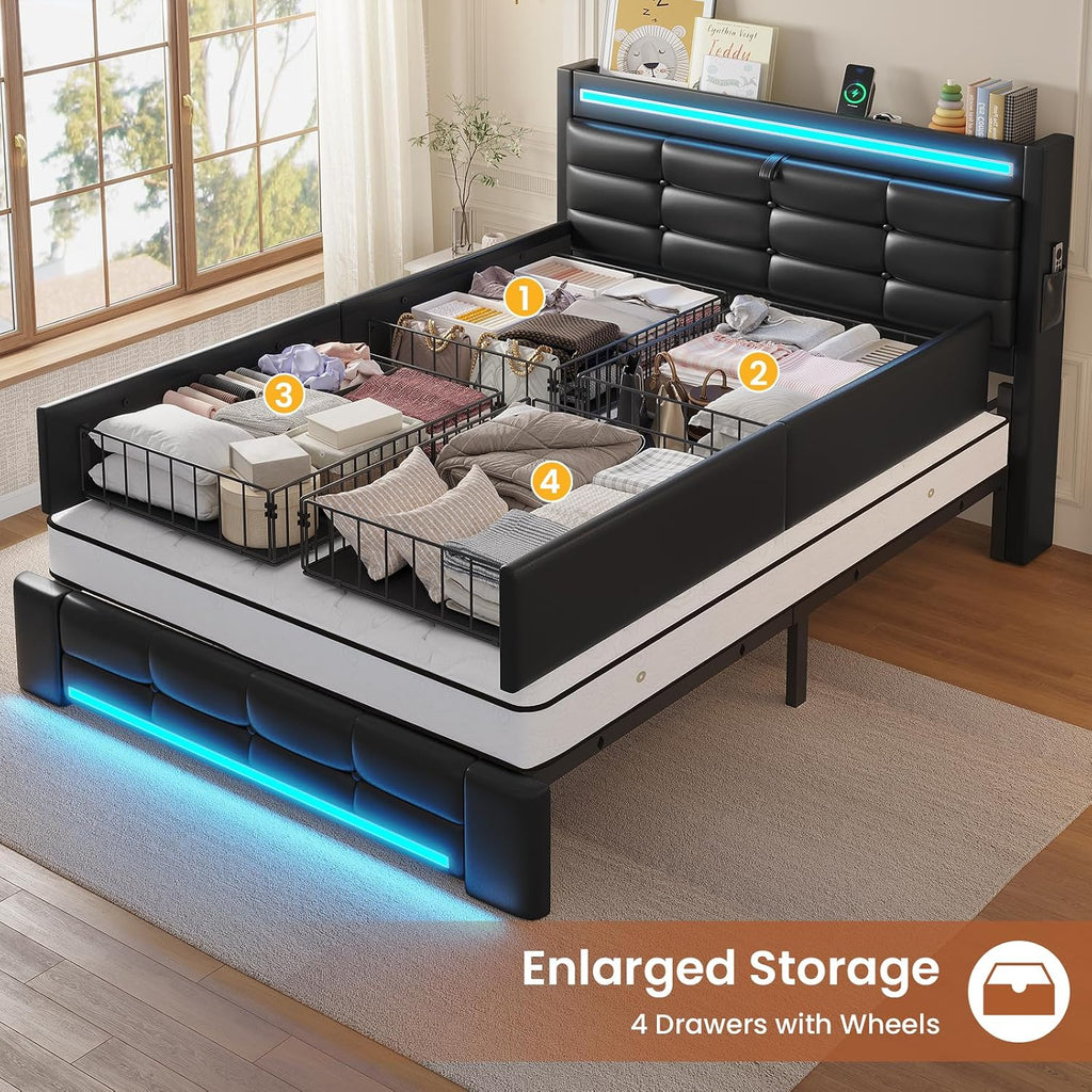 ADORNEVE Twin Bed Frames with Storage Headboard & 4 Drawers, LED Bed Frame with Charging Station, Upholstered Twin Size Platform Bed for Kids, No Box Spring Needed, Black PU