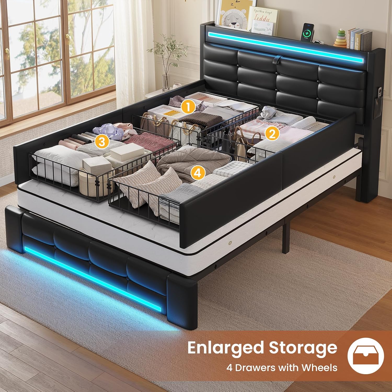 ADORNEVE Twin Bed Frames with Storage Headboard & 4 Drawers, LED Bed Frame with Charging Station, Upholstered Twin Size Platform Bed for Kids, No Box Spring Needed, Black PU
