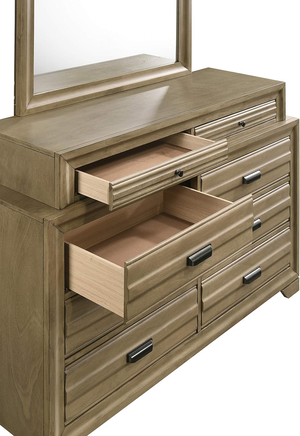 Roundhill Furniture Loiret Storage Platform King WallBed with Dresser and Mirror, Chest, Light Gray