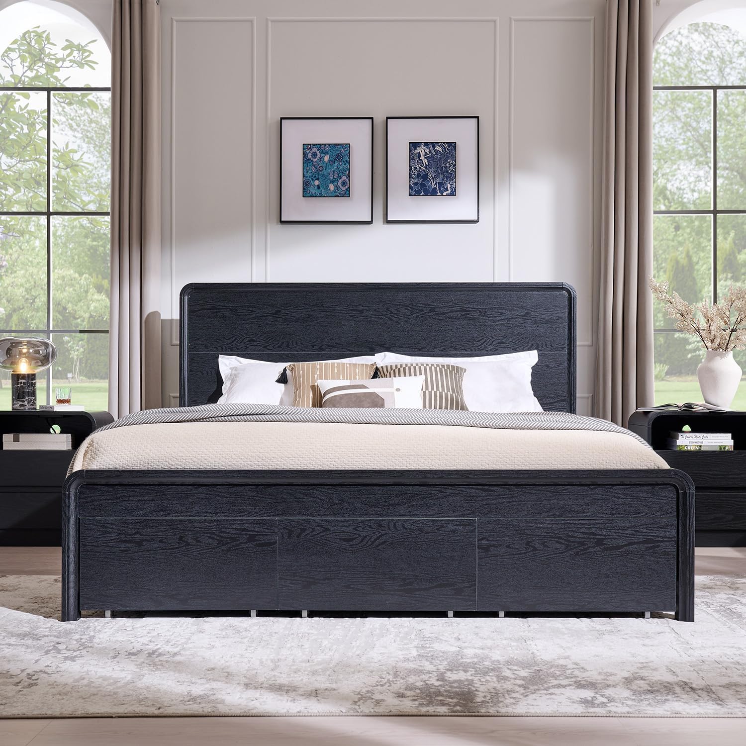 Aitjunz Modern King Size Bed Frame with 50' Tall Headboard, Wood King Size Platform Bed Frame w/3 Storage Drawers, Curved Profile Design, Wood & Steel Platform Bed, No Box Spring Needed, Black