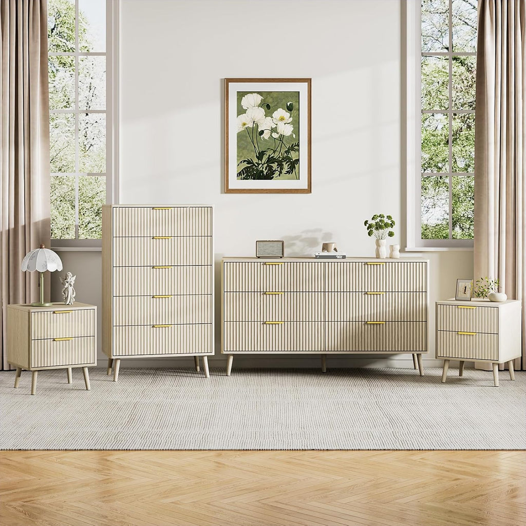 LYNSOM Fluted Dresser and Nightstand Sets 4 Piece, 2-Drawer Nightstands and 5/6 Drawers Dresser, Wood Bedroom Furniture Set for Home, Bedroom, Beige