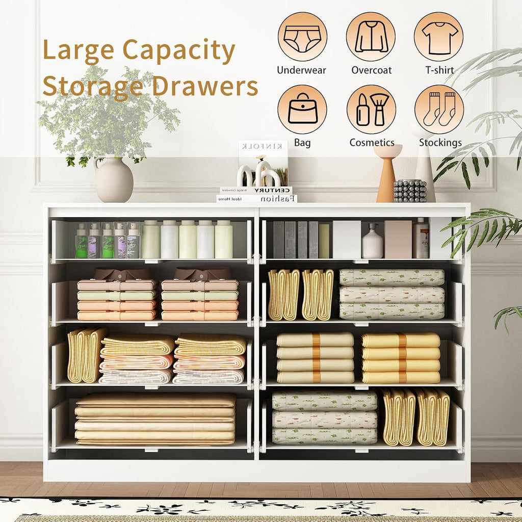 8 Drawer Dresser and Nightstand Sets for Bedroom, 3 Pcs Bedroom Set，Night Stand Set of 2 & 8 Drawer Dresser with Gold Handles, Modern Wood Chest of Drawers Storage Cabinet Set, White