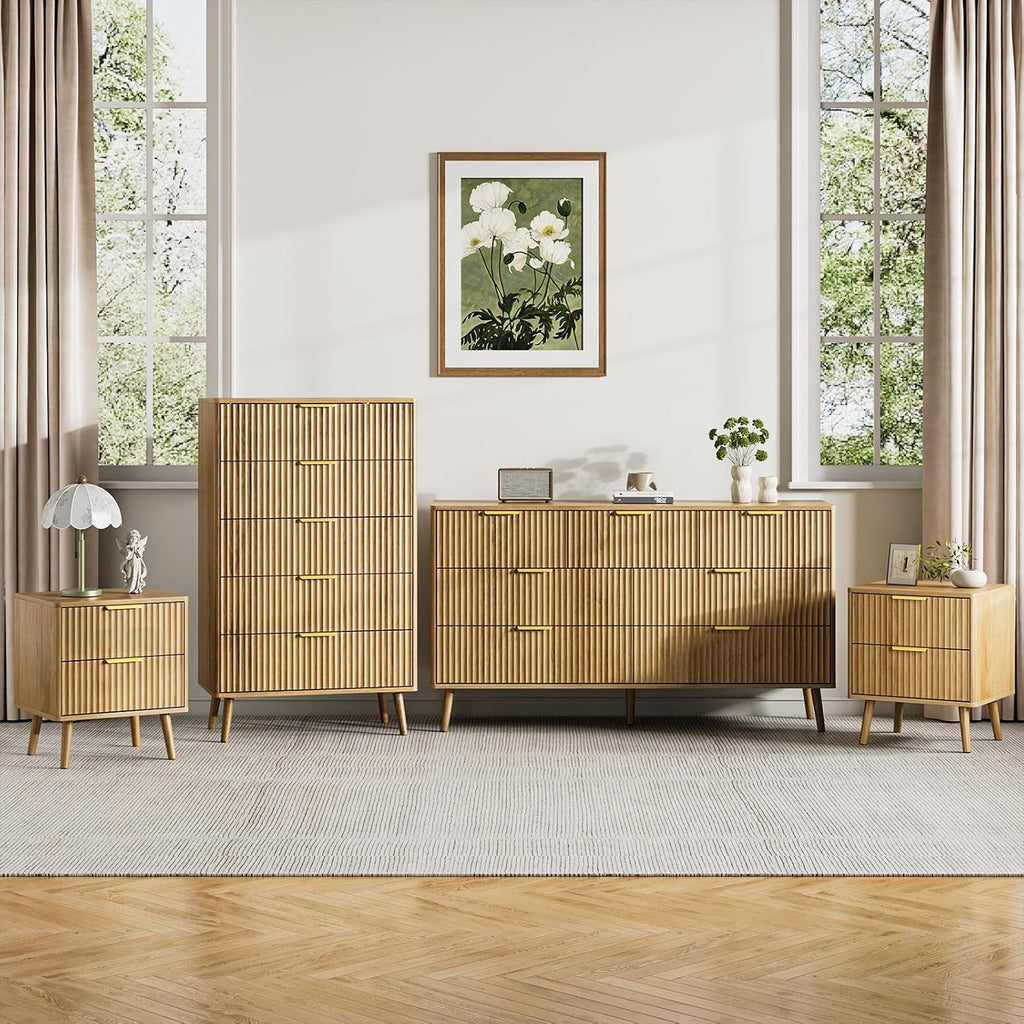 LYNSOM Fluted Dresser and Nightstand Sets 4 Piece, 2-Drawer Nightstands and 5/7 Drawers Dresser, Wood Bedroom Furniture Set for Home, Bedroom, Hallway, Oak