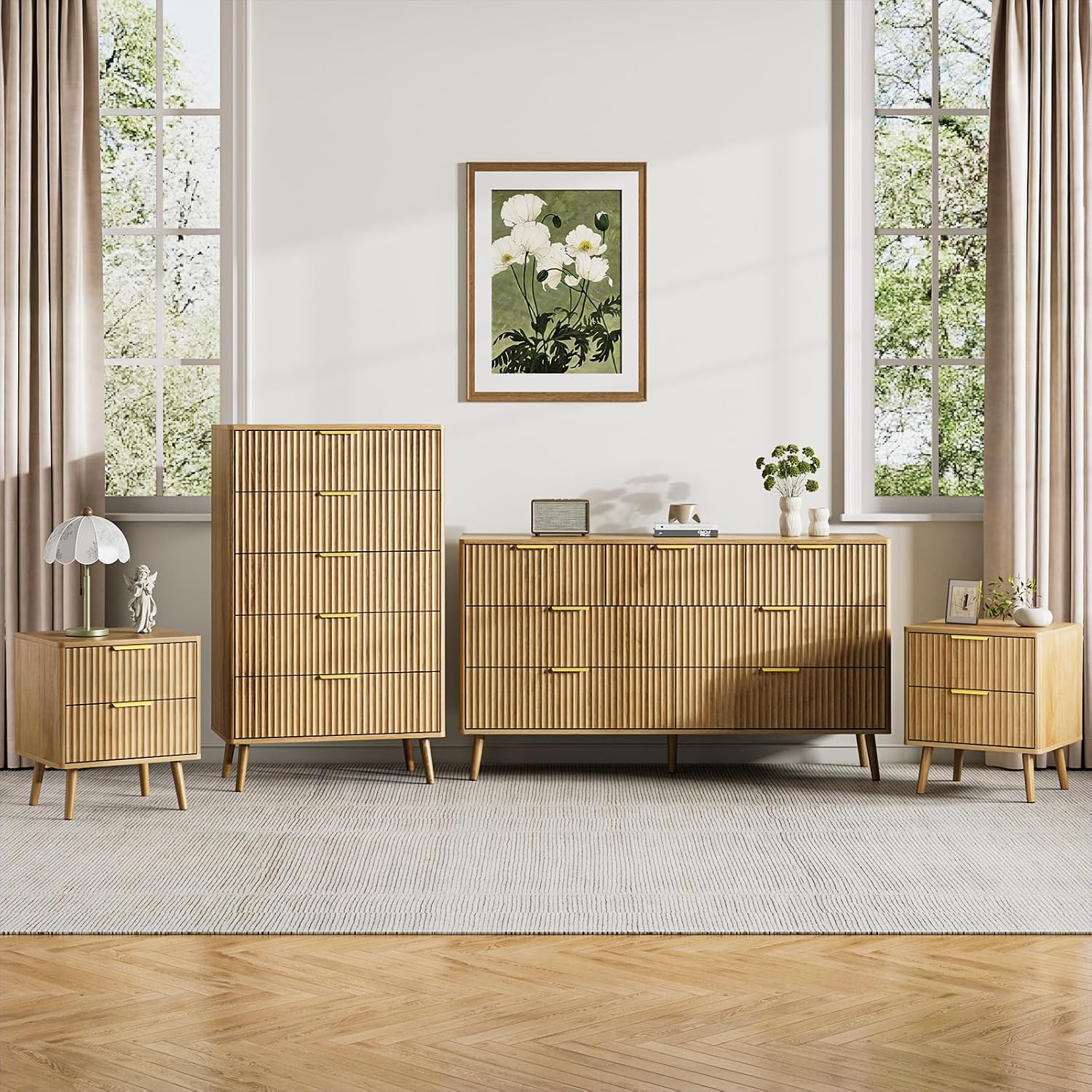 LYNSOM Fluted Dresser and Nightstand Sets 4 Piece, 2-Drawer Nightstands and 5/7 Drawers Dresser, Wood Bedroom Furniture Set for Home, Bedroom, Hallway, Oak