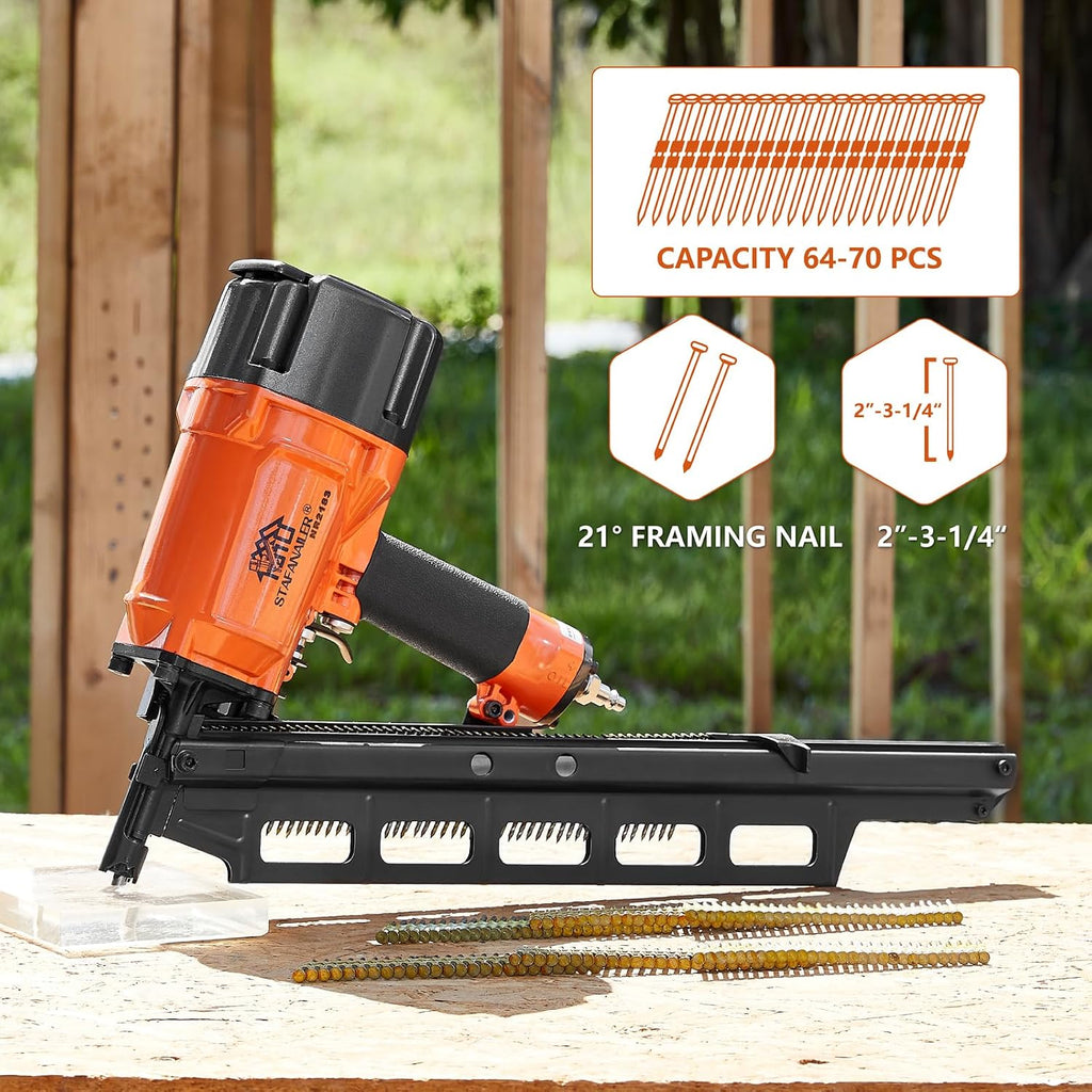 NR2183 High Speed Framing Nailer, 21 Degree Pneumatic Framing nail gun, 2-Inch up to 3-1/4-Inch Plastic Collated Full Head Framing Nails, Framing, Wooden House Building