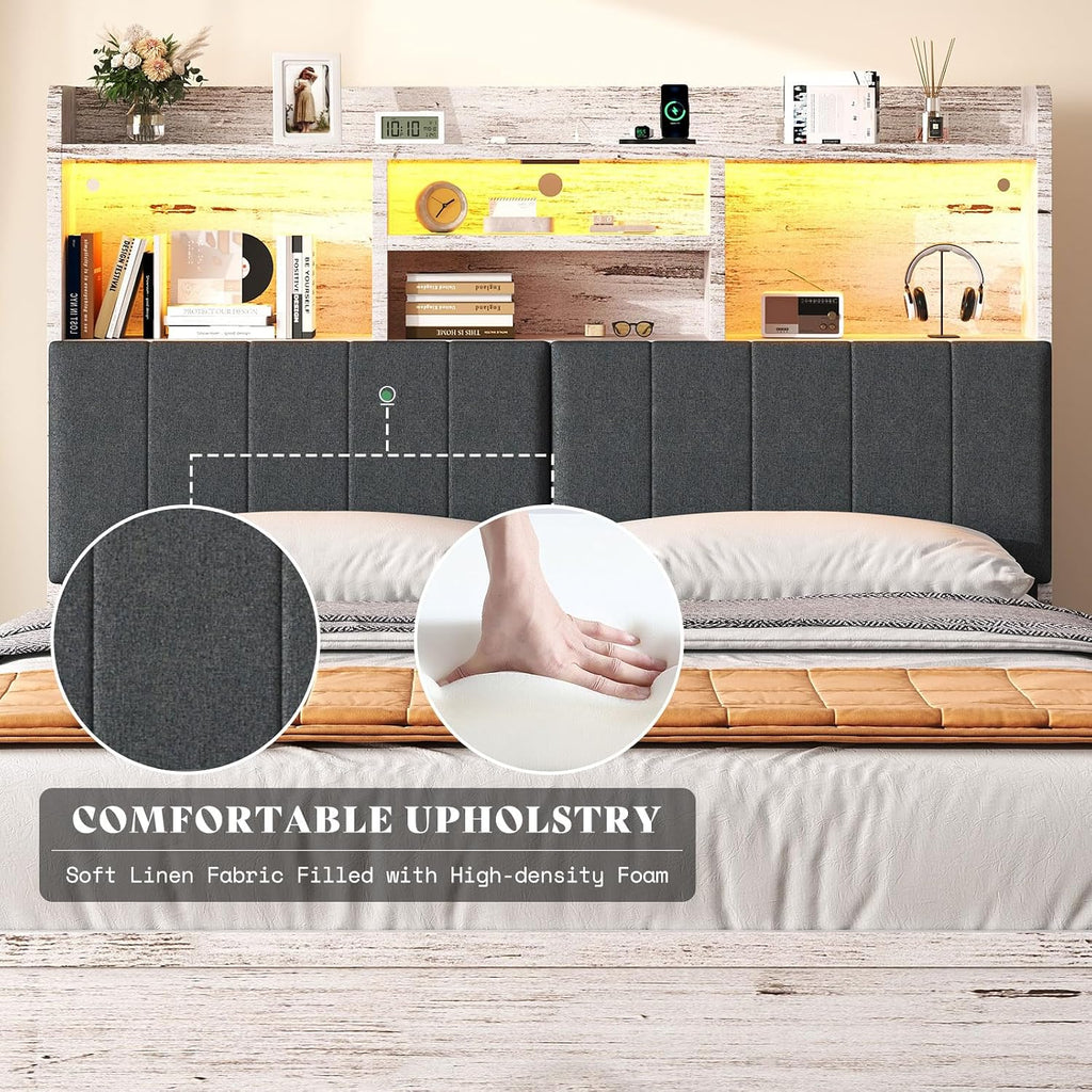 AMERLIFE Full Size Bed Frame with 51.2' Tall Bookcase Headboard, Farmhouse Platform Bed with 4 Storage Drawers, Linen Upholstered, Charging Station & Storage, Rustic White