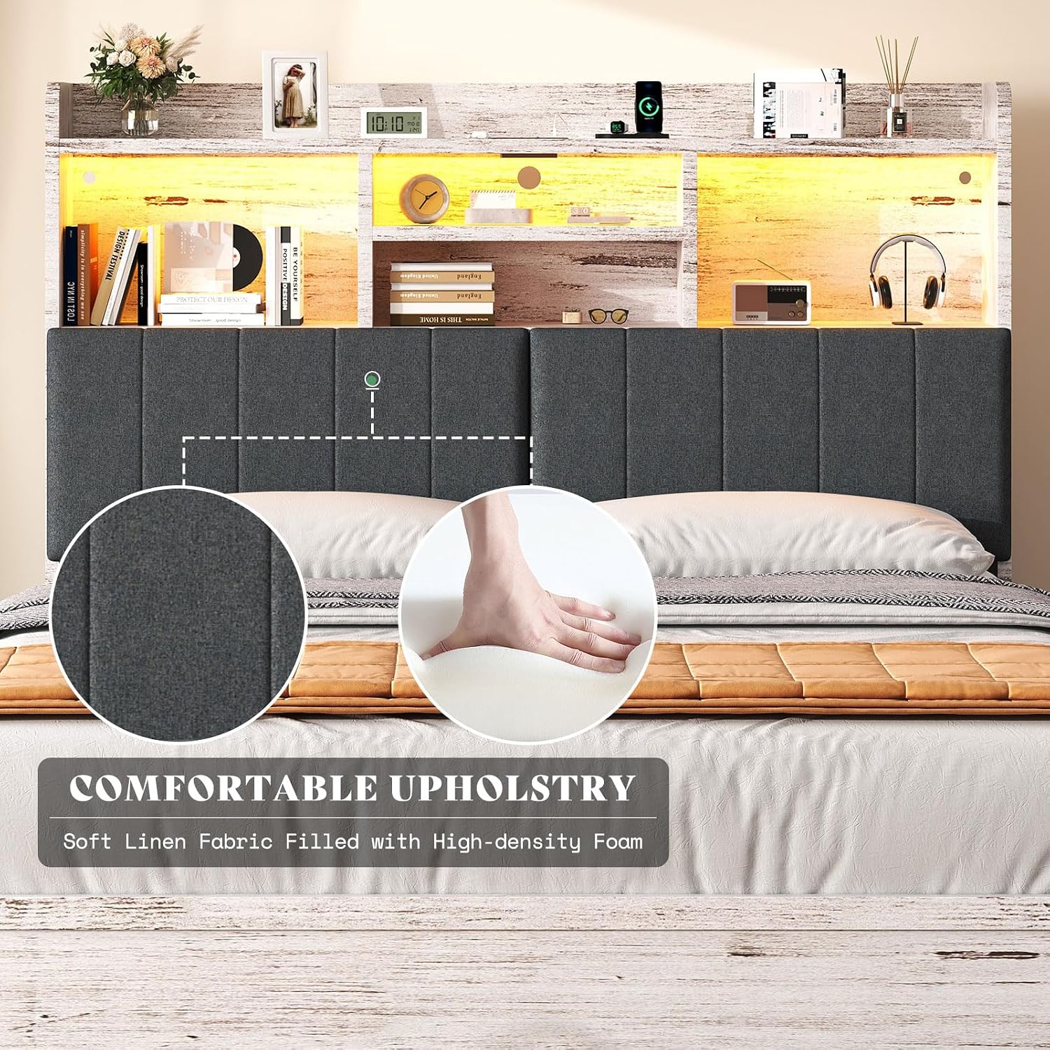 AMERLIFE Full Size Bed Frame with 51.2' Tall Bookcase Headboard, Farmhouse Platform Bed with 4 Storage Drawers, Linen Upholstered, Charging Station & Storage, Rustic White