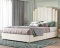 HOWE Queen Size Bed Frame and 61' Headboard, Upholstered Bed with Golden Plating Trim, Modern Platform Bed No Box Spring Needed, Cream