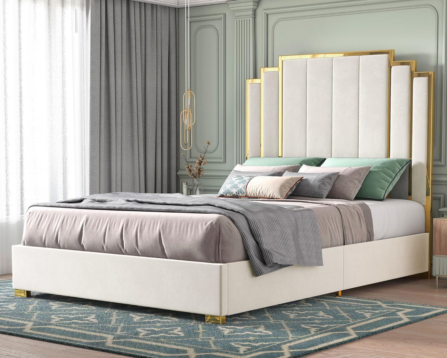 HOWE Queen Size Bed Frame and 61' Headboard, Upholstered Bed with Golden Plating Trim, Modern Platform Bed No Box Spring Needed, Cream
