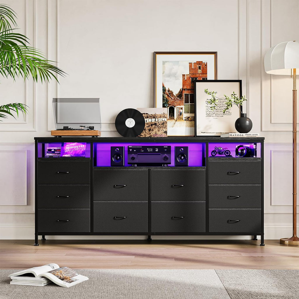 63.3 in Black Dresser for Bedroom, 10 Drawer Dresser TV Stand for 65 70 75 in TV, Fabric Chest of Drawers with LED Lights & Power Outlets, Long Entertainment Center for Closet, Living Room, Entryw