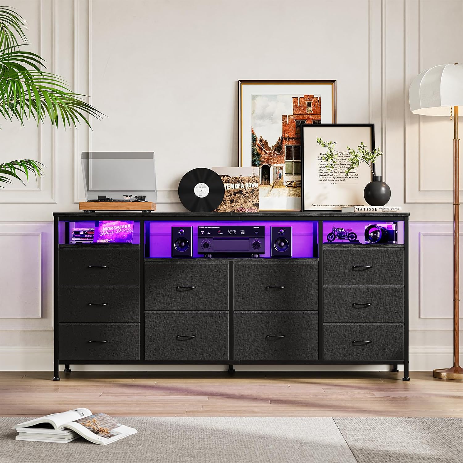 63.3 in Black Dresser for Bedroom, 10 Drawer Dresser TV Stand for 65 70 75 in TV, Fabric Chest of Drawers with LED Lights & Power Outlets, Long Entertainment Center for Closet, Living Room, Entryw