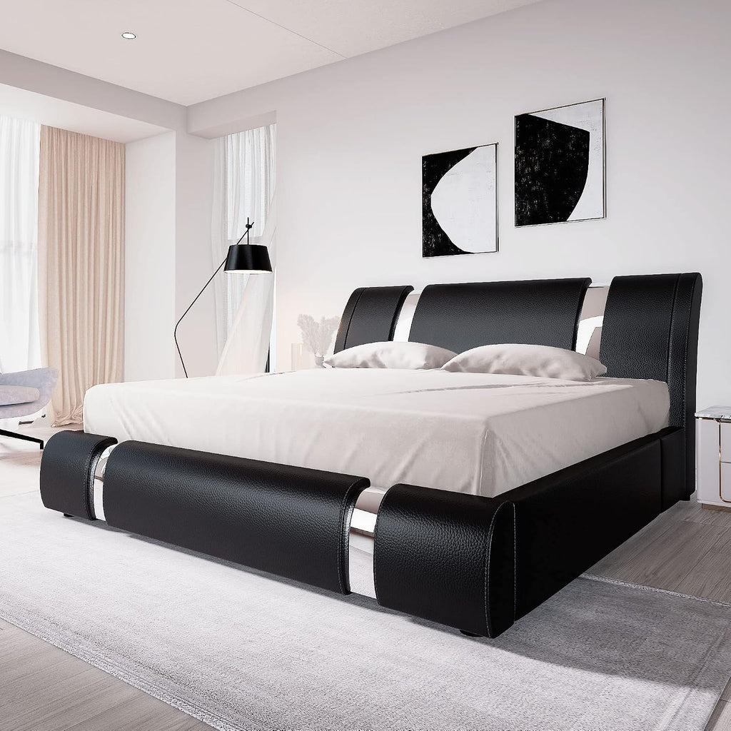 Allewie King Size Bed Frame with Iron Piece Decor, Faux Leather Upholstered Platform Bed with Curved Adjustable Headboard, Wooden Slats Support, No Box Spring Needed, Modern Black