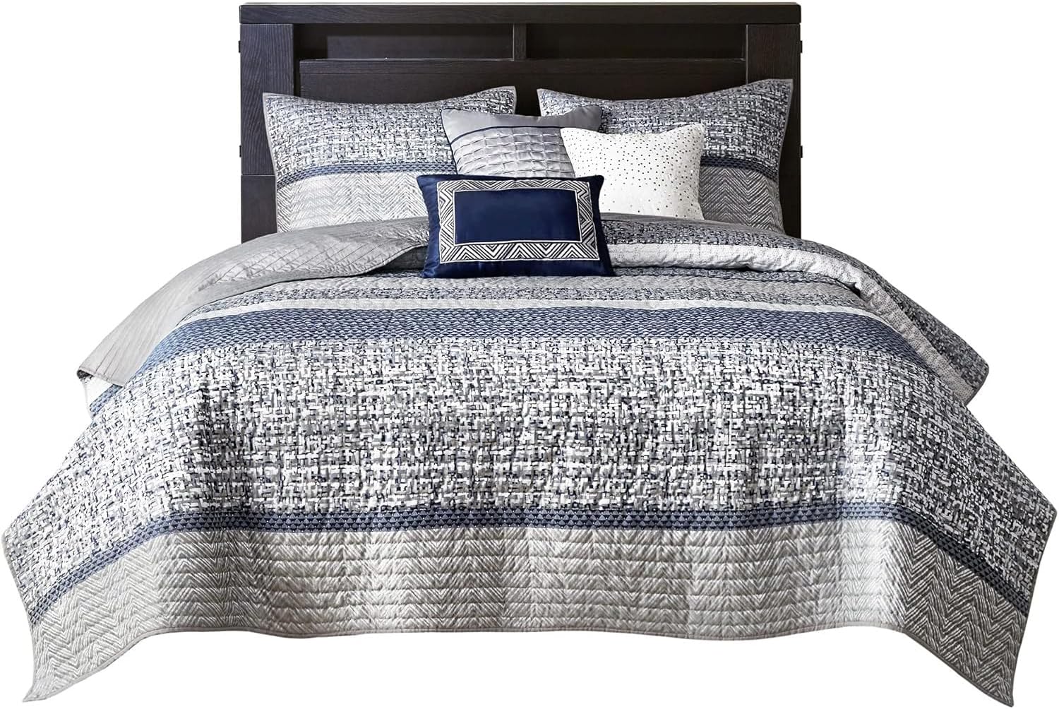 Madison Park Queen Quilt Set Lustrous Jacquard & Glitter Accent Coverlet Set for Queen Size Bed - All Season, Lightweight Queen Quilt Set, Shams, Decorative Pillow, Full/Queen Chevron Grey/Navy