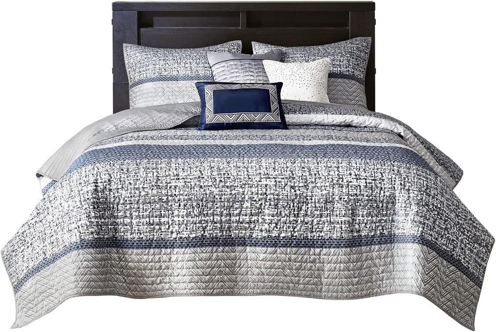 Madison Park King Quilt Set - Lustrous Jacquard & Glitter Accent Coverlet Set for King Size Bed - All Season, Lightweight, Shams, Decorative Pillow, Chevron Grey/Navy