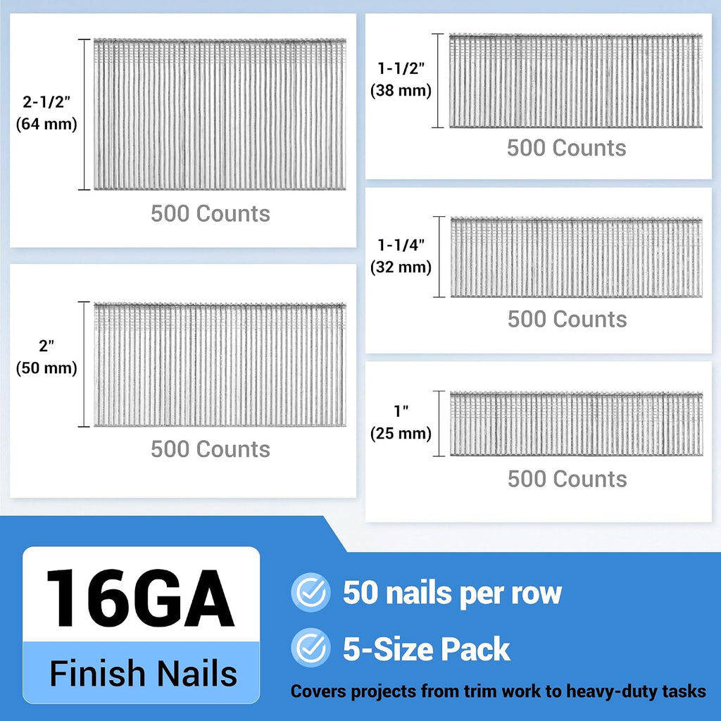 meite 16 Gauge Finish Nails 5 Sizes Assorted Set 30,000PCS Galvanized Straight Finish Nails for Pneumatic Cordless Finish Nailer on Crown Molding Cabinetry (1', 1-1/4', 1-1/2', 2', 2-1/2')