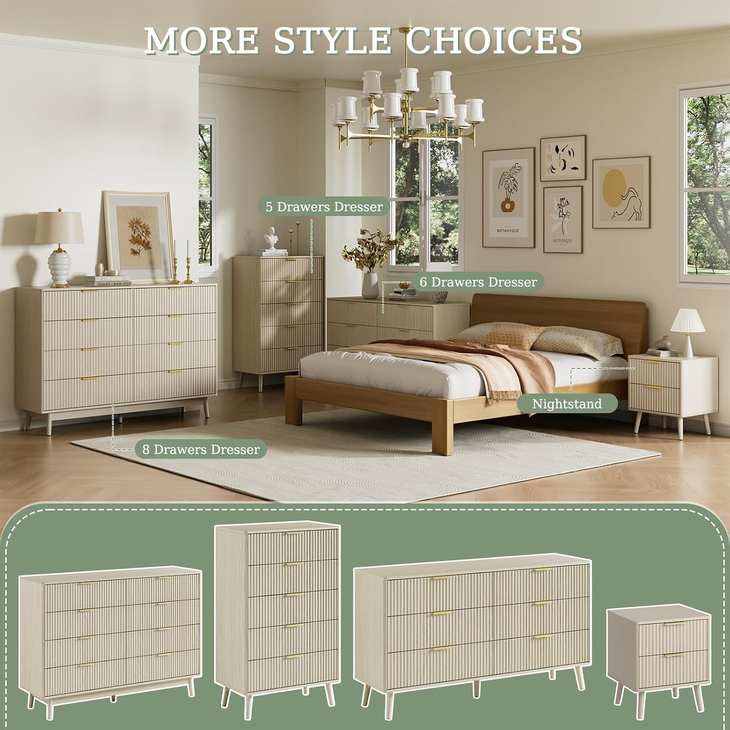 LYNSOM Fluted Dresser and Nightstand Sets 4 Piece, 2-Drawer Nightstands and 5/6 Drawers Dresser, Wood Bedroom Furniture Set for Home, Bedroom, Beige