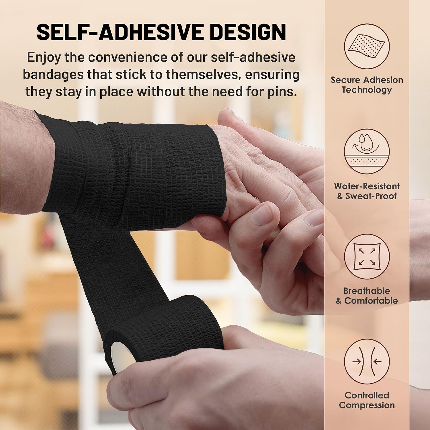 Self-Adherent Cohesive Bandage - Black Medical Wrap - (288 Rolls Bulk) - 2' Wide x 5 Yards Sports Tape for Medical Use, Sports, First Aid and Helps Protect Skin