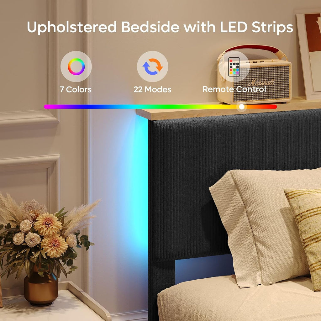 Bestier King Bed Frame with Adjustable Headboard & LED Lighting, Corduroy Upholstered Platform Bed Frame with Storage Shelf, Solid Wood Slats, No Box Spring Needed, Never Squeak, Easy Assembly, Black