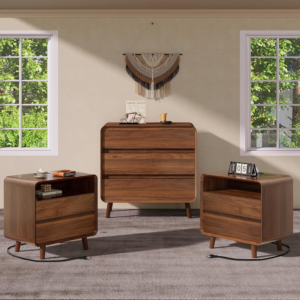 Nasonet Mid Century Modern Dresser and Nightstand Sets 3 Piece, Wooden 3 Drawer Dresser and 2 Drawer Nightstands Sets of 2, Walnut Bedroom Furniture Set