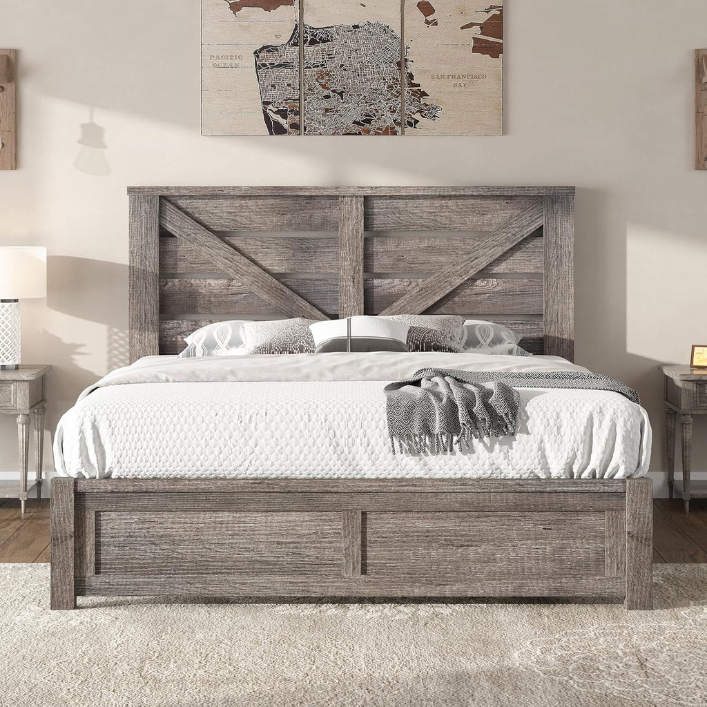 AMERLIFE Full Size Bed Frame with 49.2' Barn Door Headboard and Footboard, Farmhouse Platform Bed Frame with Wood Slats, No Box Spring Needed, Under Bed Storage, Rustic Gray