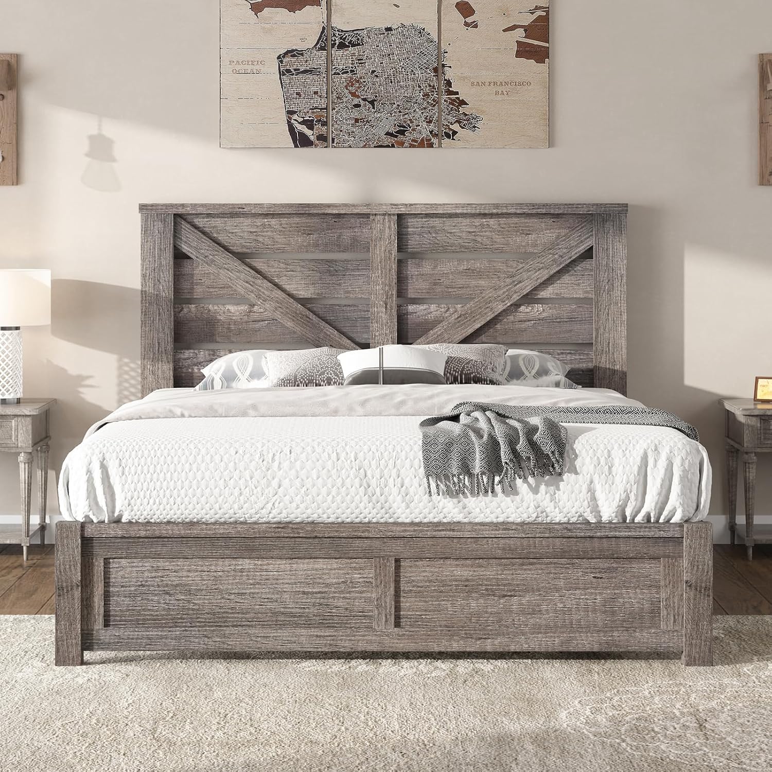 AMERLIFE Full Size Bed Frame with 49.2' Barn Door Headboard and Footboard, Farmhouse Platform Bed Frame with Wood Slats, No Box Spring Needed, Under Bed Storage, Rustic Gray