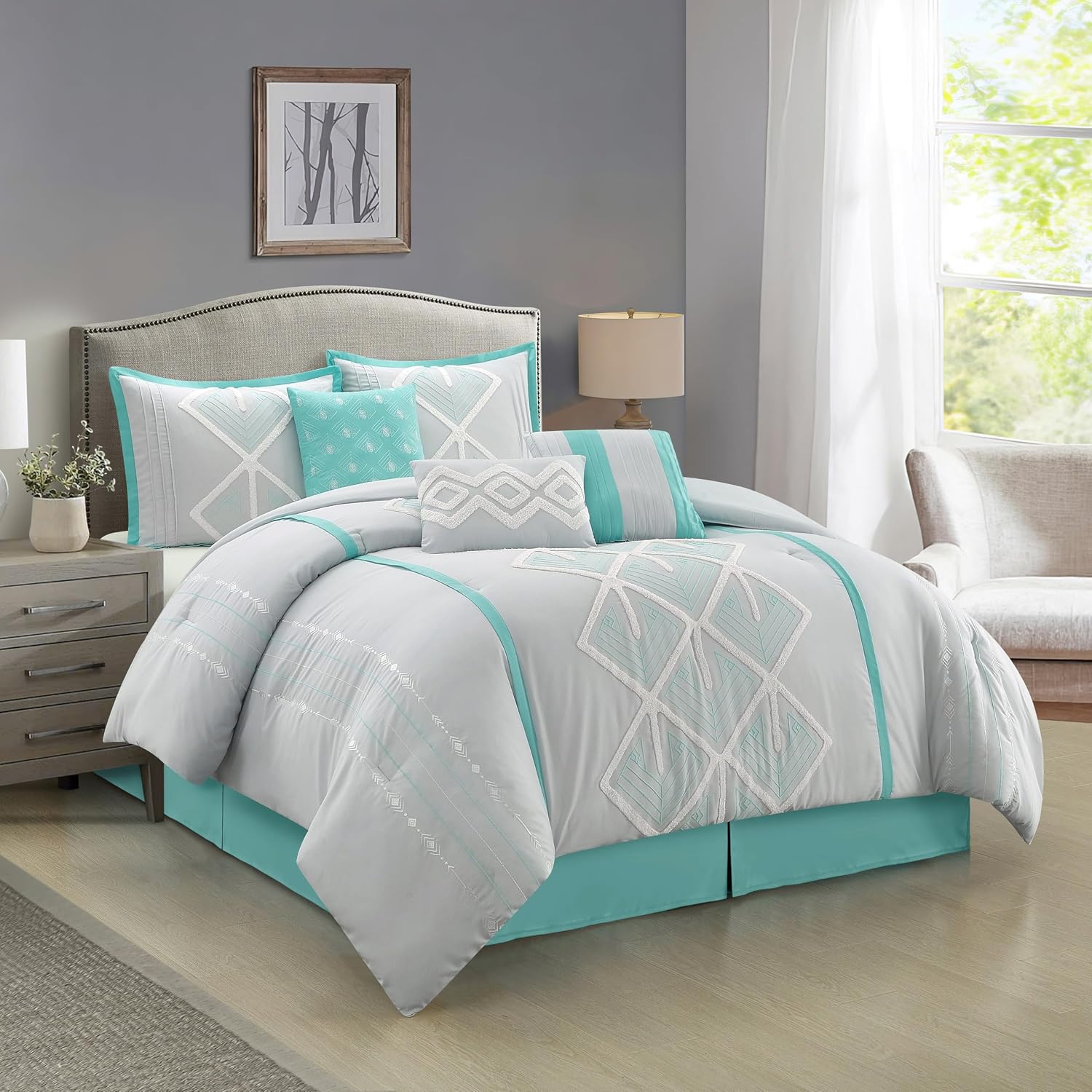 Stratford Park Blue Comforter Set California King Size, 7 Piece, Terry Embroidery Geometric Home Decor, Matcking Bed Skirt, Pillows & Shams, All Season Bedding Set