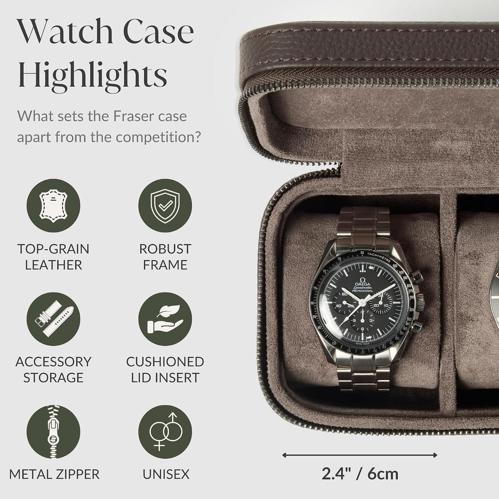 TAWBURY Watch Case - 3 Slot Genuine Top-Grain Leather Watch Travel Case for Men & Women with Metal Zipper and Extra Wide Pillows for Large Watches (Brown)