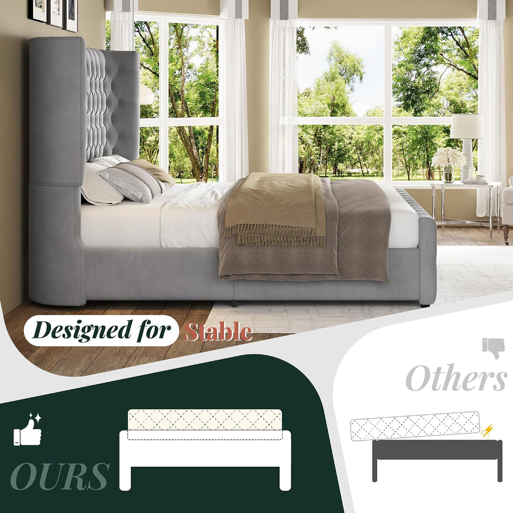 Jocisland Queen Size Platform Bed Frame, 6.3' Thick Upholstered Curved Wingback Headboard and Footboard with Deep Button Tufted, Easy Assembly, No Box Spring Needed, Light Grey Velvet