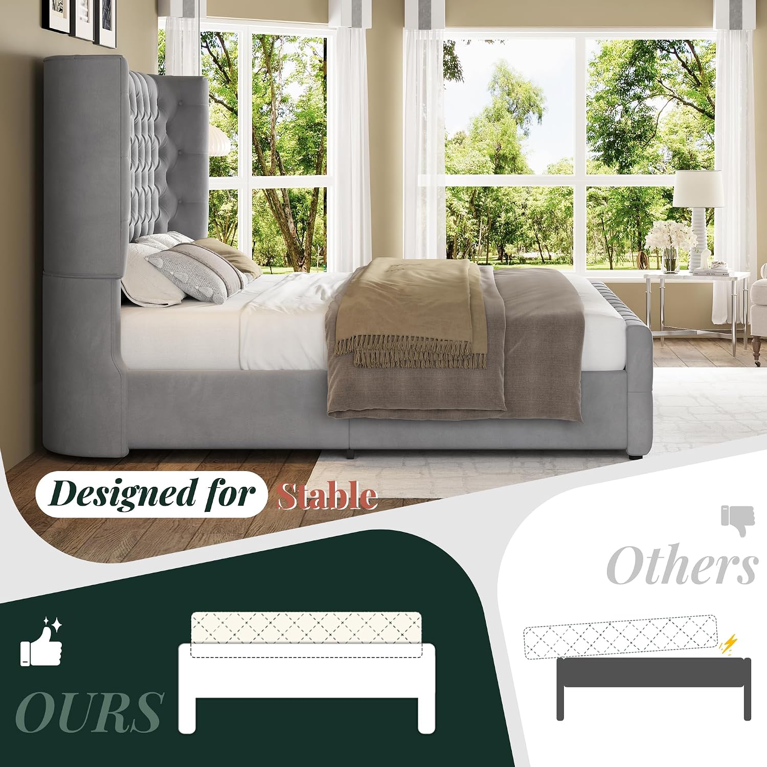 Jocisland Queen Size Platform Bed Frame, 6.3' Thick Upholstered Curved Wingback Headboard and Footboard with Deep Button Tufted, Easy Assembly, No Box Spring Needed, Light Grey Velvet