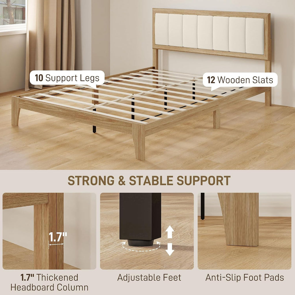 HOMCOM Queen Size Bed Frame with Upholstered Headboard, Platform Bed Frame with Wooden Slats, No Box Spring Needed, Easy Assembly, Natural