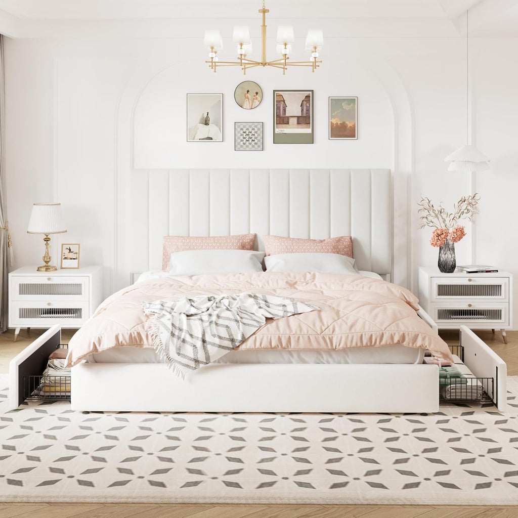 Allewie King Size Storage Bed Frame, Vertical Channel Tufted Adjustable Headboard, Velvet Upholstered Platform Bed with 4 Oversized Underbed Drawers, Wooden Slats Support, No Box Spring Needed, White