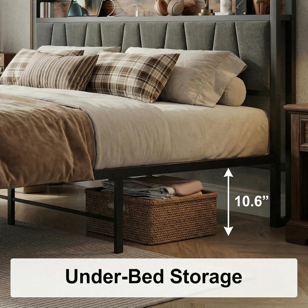LIKIMIO King Size Bed Frame, Storage Headboard with Charging Station, Platform Bed with Drawers, No Box Spring Needed, Easy Assembly, Industrial Brown and Gray