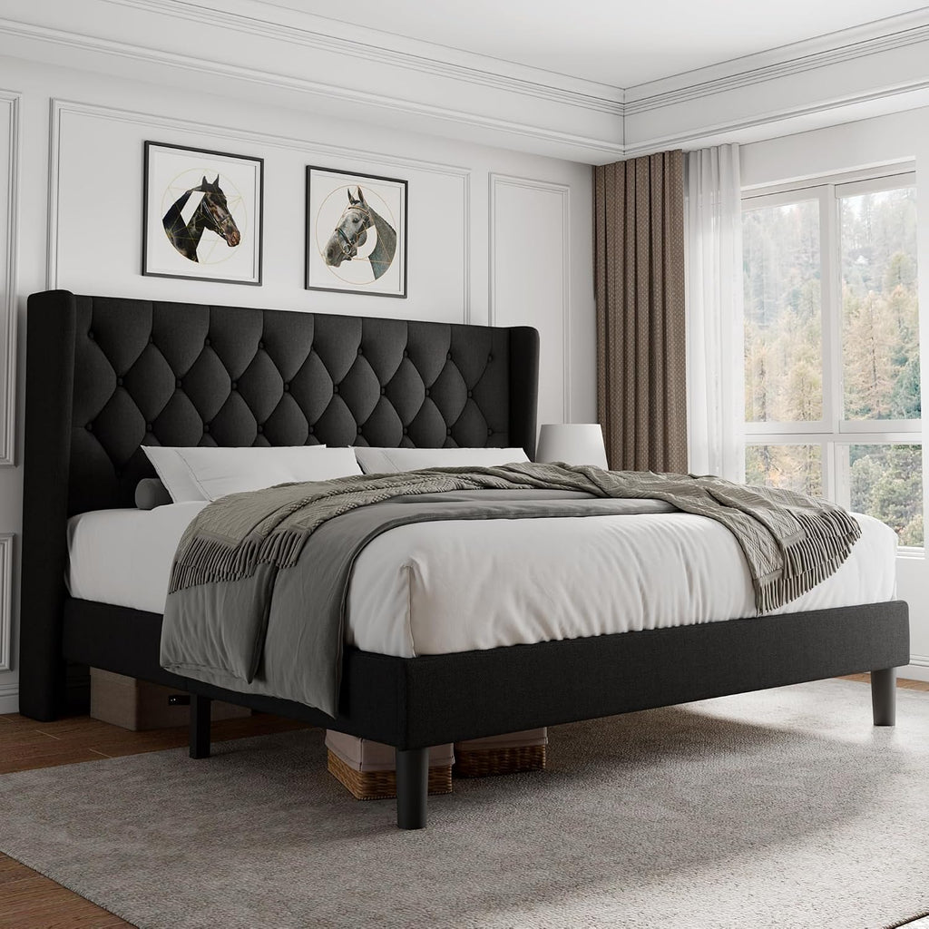 iPormis King Size Platform Bed Frame with Button Tufted Headboard, Upholstered Bed Frame with Solid Wooden Slats, 8' Underbed Space, No Box Spring Needed, Noise Free, Easy Assembly, Black