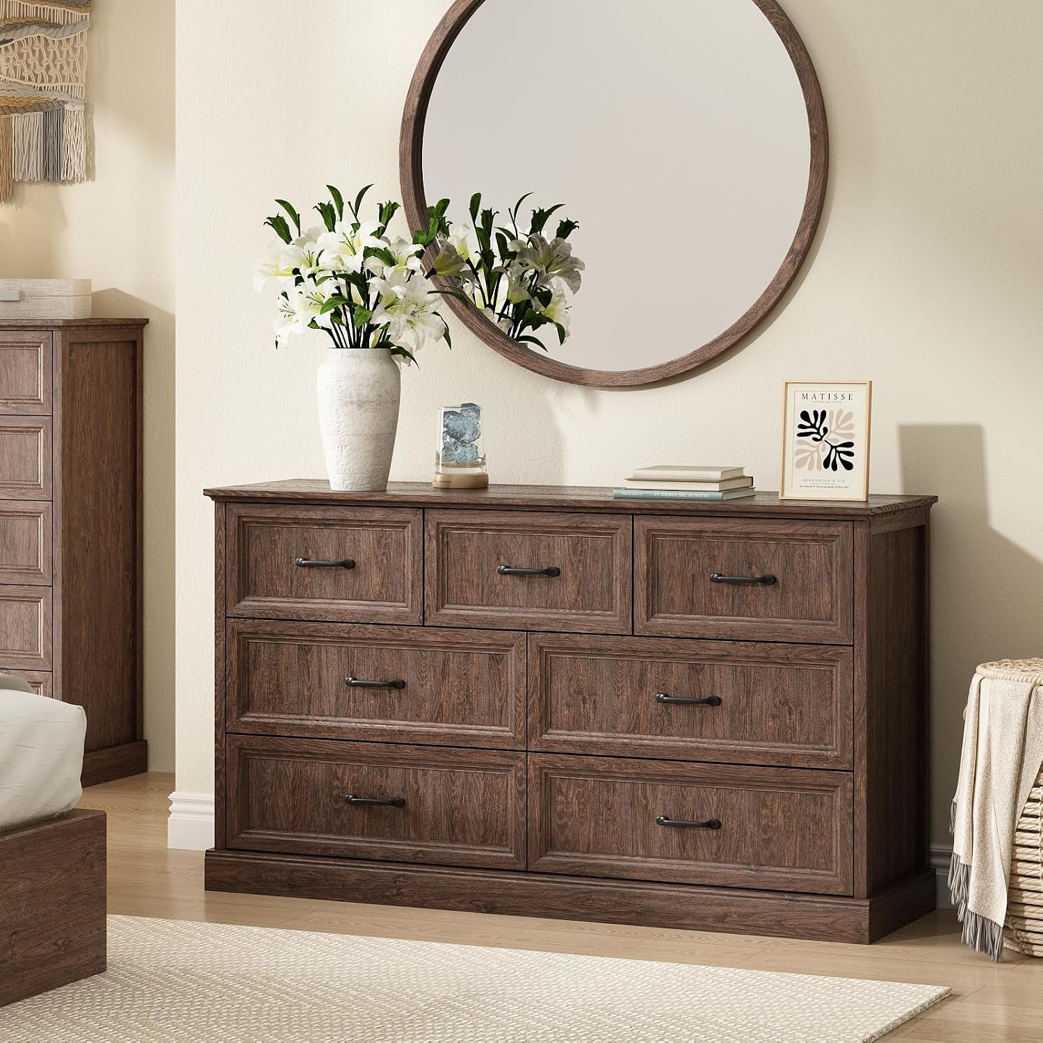 CARPETNAL Farmhouse Dresser and Nightstand Sets for Bedroom, 3 Pcs Bedroom Set, 7 Drawer Dresser & Nightstand Set of 2, Modern Wood Chest of Drawers for Bedroom, Living Room, Entryway, Brown