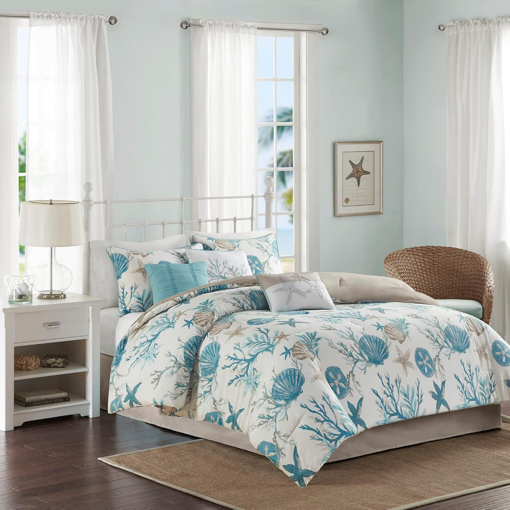 Madison Park Pebble Beach 100% Cotton Comforter Set - Coastal Coral, Starfish Design All Season Down Alternative Cozy Bedding with Matching Shams, Decorative Pillow, Queen(90'x90') Aqua 7 Piece