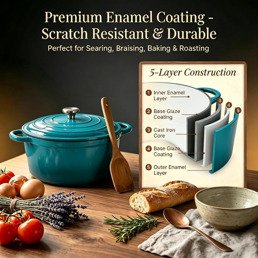 QuliMetal Enameled Cast Iron Cookware Set, 4-Piece Pots and Pans Set with Lids, 10.25' Skillet, 2QT Saucepan, 2.8QT & 4.8QT Dutch Ovens, Oven Safe to 500°F, All Stovetops Compatible - Teal