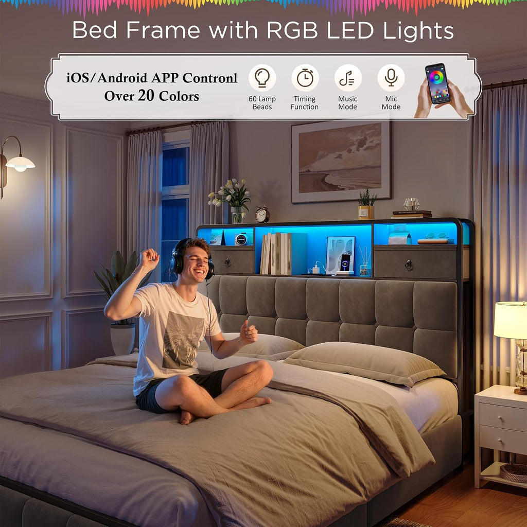EnHomee Queen Bed Frame with 6 Storage Drawers and Upholstered Headboard,Modern Bed Frame Queen with LED Light and Charging Station,no Box Spring Needed,No Noise, Easy Assembly,Velvet,Sturdy,Grey