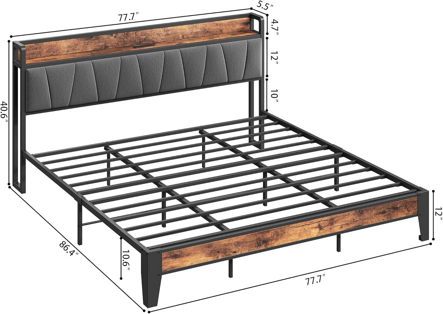 LIKIMIO King Size Bed Frame, Storage Headboard with Charging Station, Solid and Stable, Noise Free, No Box Spring Needed, Easy Assembly