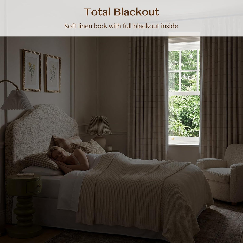 THREE GIRLS Pinch Pleated Plaid Curtains Blackout Linen Gingham Curtains for Living Room,Bedroom Checkered 92 Inches Long Double Layer 2 Panels Set Luxury and Modern Printed Design Darkening
