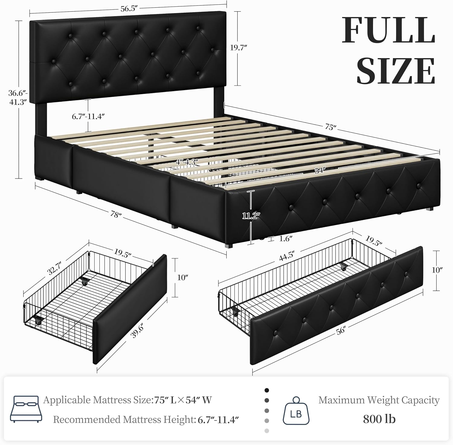 Yaheetech Full Bed Frame Upholstered Bed Frame with Adjustable Diamond Button-Tufted Headboard/3 Drawers Storage, Full Platform Bed/Strong Wooden Slats, Black Full Bed