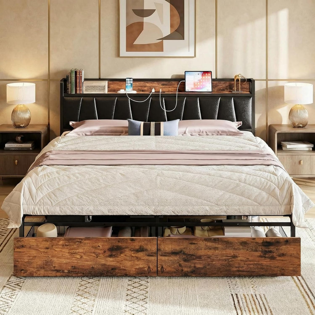 LIKIMIO King Size Bed Frame, Storage Headboard with Charging Station, Platform Bed with Drawers, No Box Spring Needed, Easy Assembly, Vintage Brown and Black