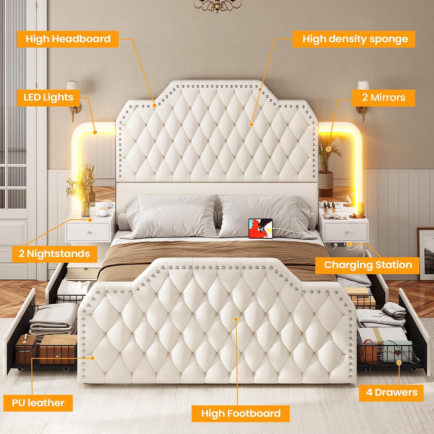 Itaar Queen Bed Frame with 53' Tall Headboard and 4 Storage Drawers, PU Leather Upholstered Platform Bed Frame, Built in Charging Station & Led, 2 Nightstands with Mirror, White