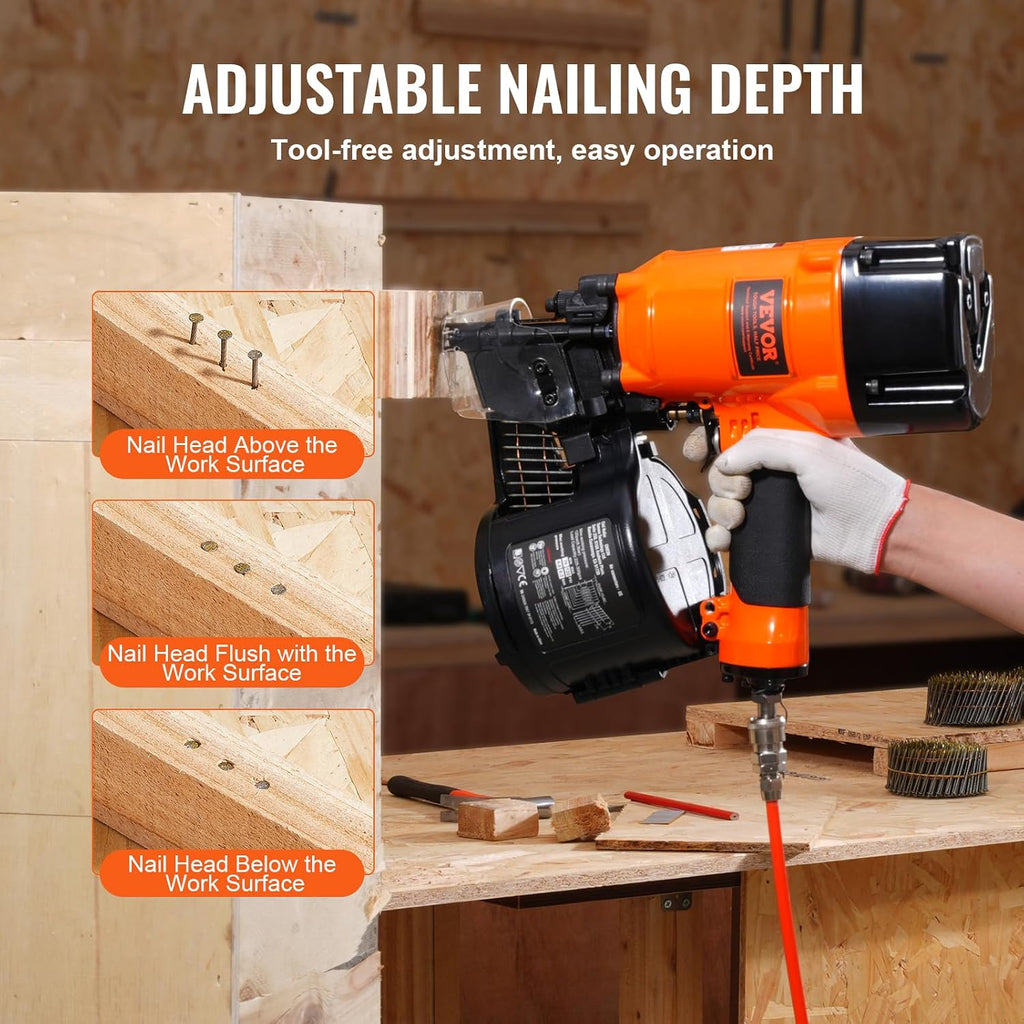 VEVOR Coil Siding/Framing Nailer CN83N, 2' to 3-1/4' 15 Degree Pneumatic Siding Nail Gun with Tool-Less Depth Adjustment, 70-120PSI Air Coil Nailer for Siding Sheathing Wooding Fencing Decking