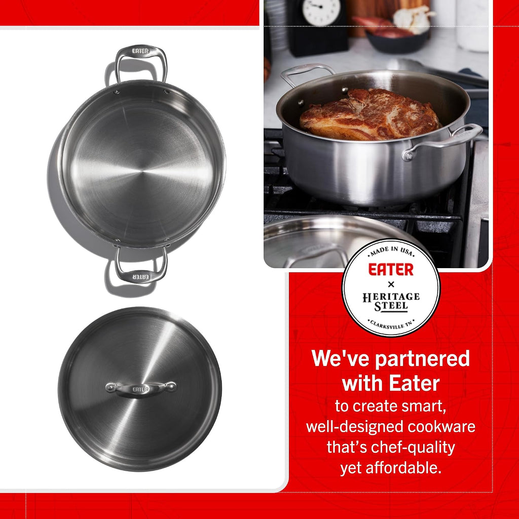 Heritage Steel x Eater 6 Quart Rondeau with Lid | Made in USA | 5-Ply Fully Clad Stainless Steel Pan | Stay Cool Handle Design | Induction Capable & Non-Toxic Cookware