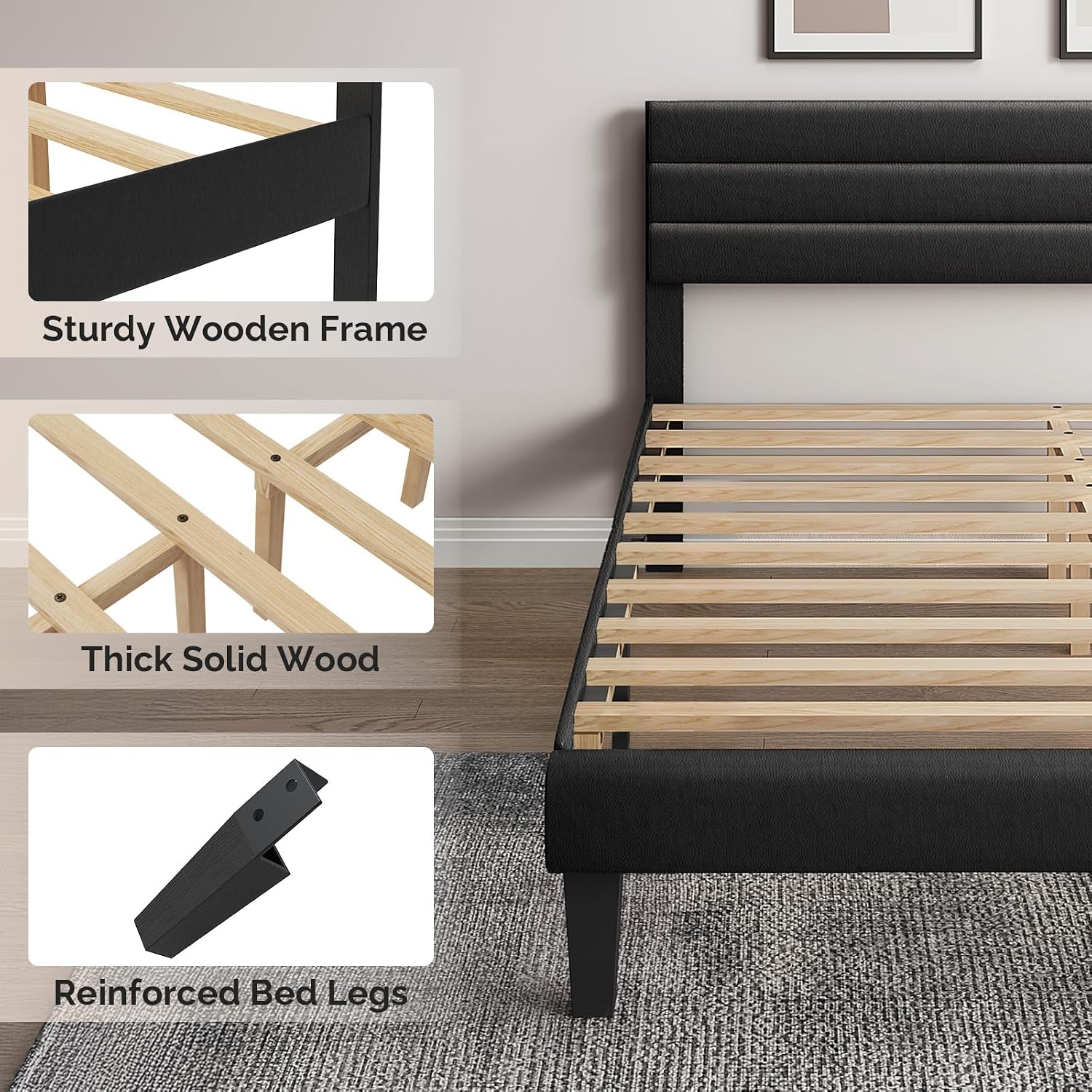 VINGLI Upholstered Bed Frame Queen, Faux Leather Platform Bed with Adjustable Headboard, Wood Mattress Foundation with Heavy Duty Slats Support,Luxury Modern,No Box Spring Needed, Black