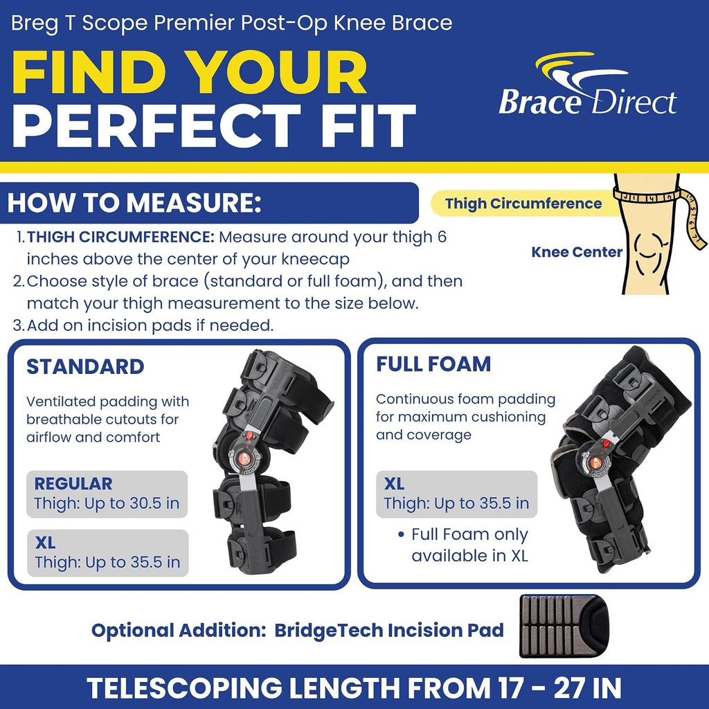 Brace Direct T Scope Premier Post Op Knee Brace Adjustable ROM for ACL MCL PCL Injury Recovery L1833 L1832 (Thighs Up to 30.5')
